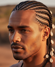 A man wearing braids adorned with beads, representing Fulani-inspired cornrows as a protective hairstyle for men