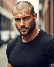 A tattooed man with a shaved head, illustrating the concept of protective hairstyles for men.